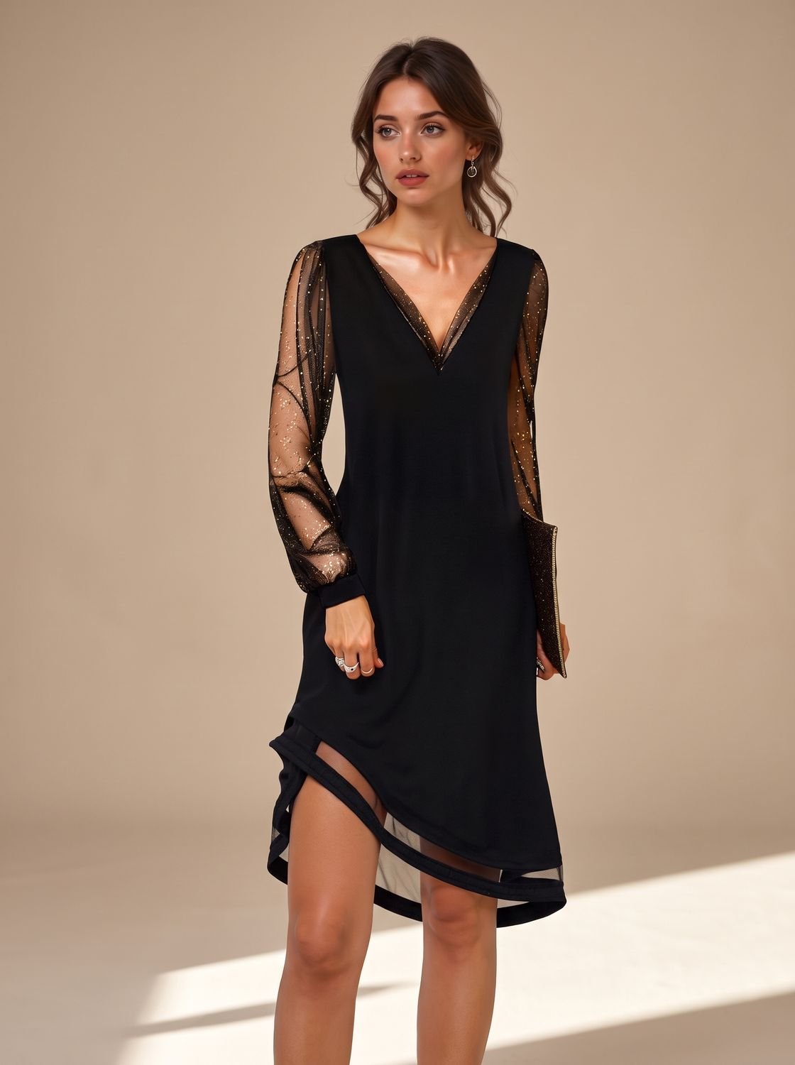 Women's Christmas Party Black Mini Dress with Sheer Sequin Long Sleeves