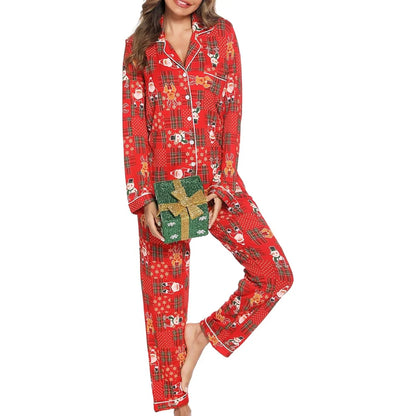 Women's Christmas Pyjamas - Button-Down Shirt and Long Trousers with Festive Print