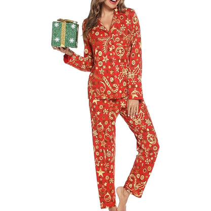 Women's Christmas Pyjamas - Button-Down Shirt and Long Trousers with Festive Print