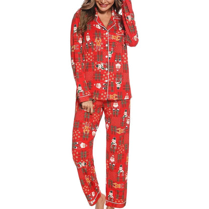 Women's Christmas Pyjamas - Button-Down Shirt and Long Trousers with Festive Print
