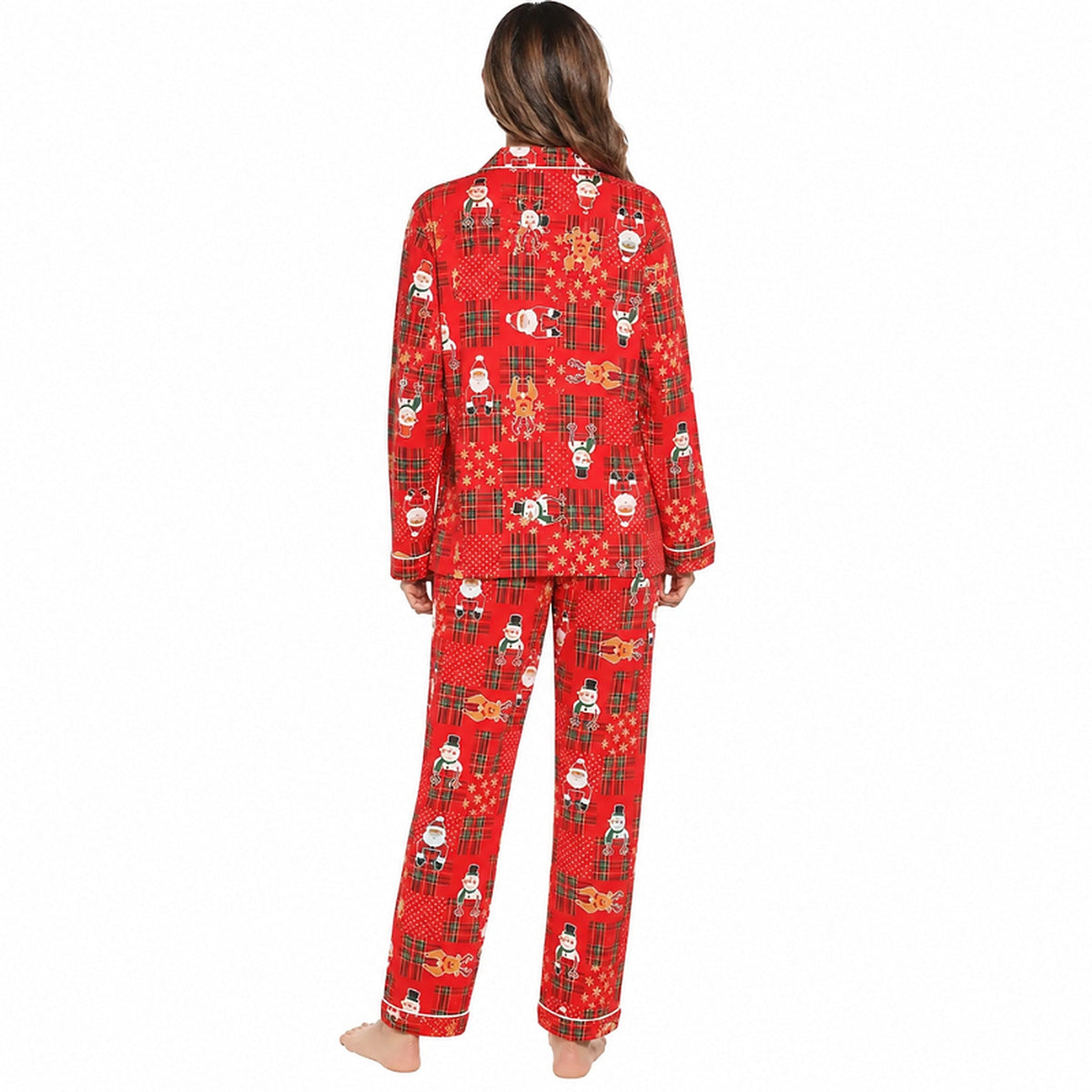 Women's Christmas Pyjamas - Button-Down Shirt and Long Trousers with Festive Print