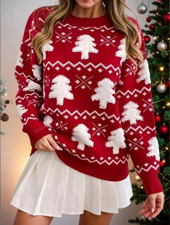 Women's Christmas Tree Pattern Jacquard Crewneck Sweater in Cotton-Nylon Blend