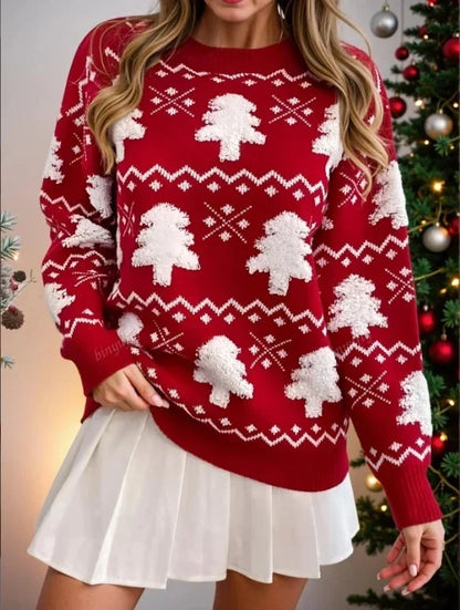 Women's Christmas Tree Pattern Jacquard Crewneck Sweater in Cotton-Nylon Blend