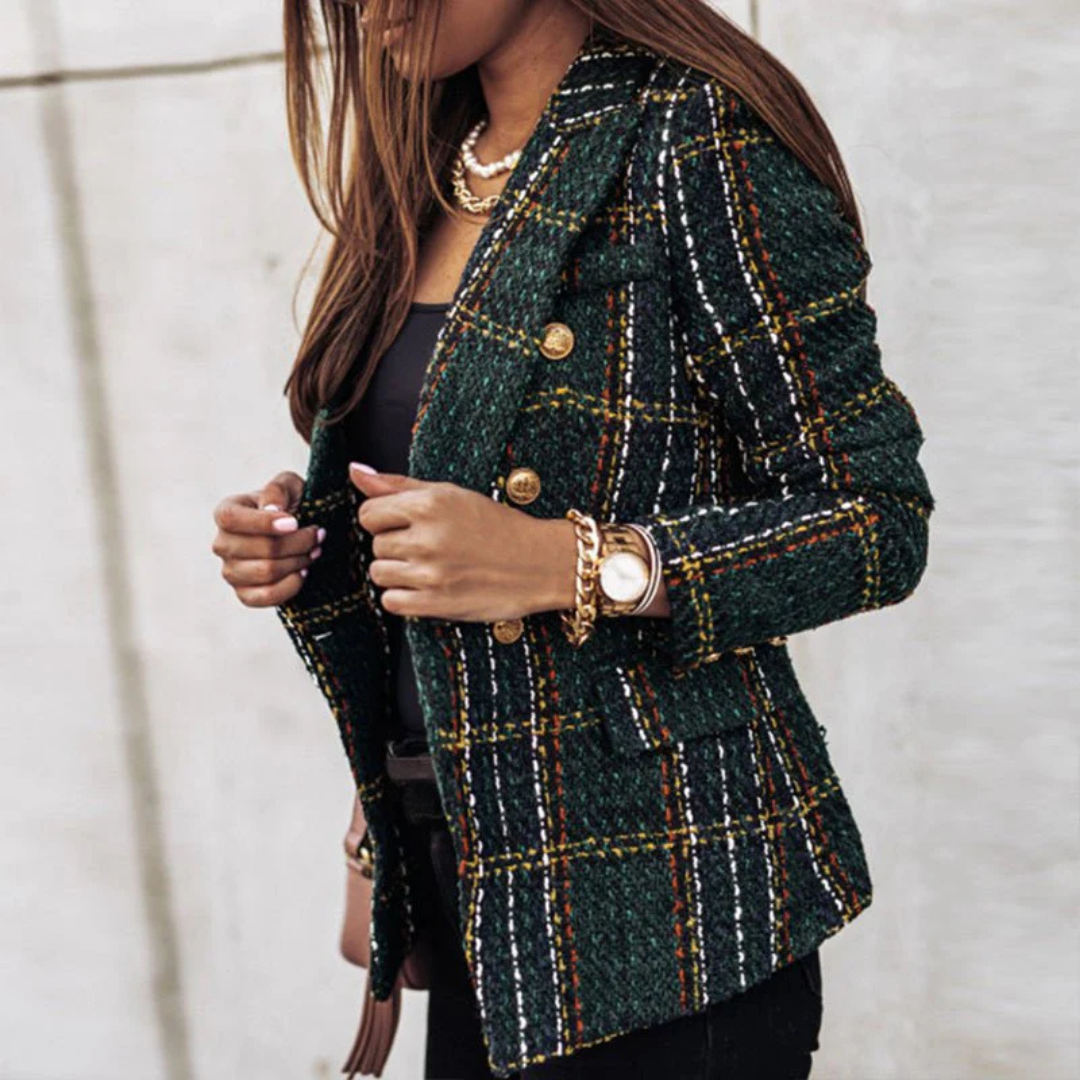 Women's Classic Plaid Blazer – Elegant Lapel Collar & Long-Sleeve Button Design