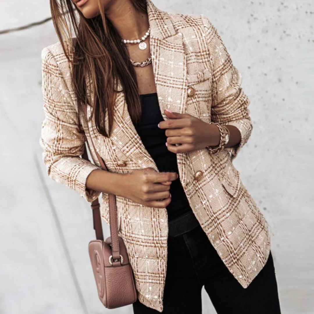 Women's Classic Plaid Blazer – Elegant Lapel Collar & Long-Sleeve Button Design