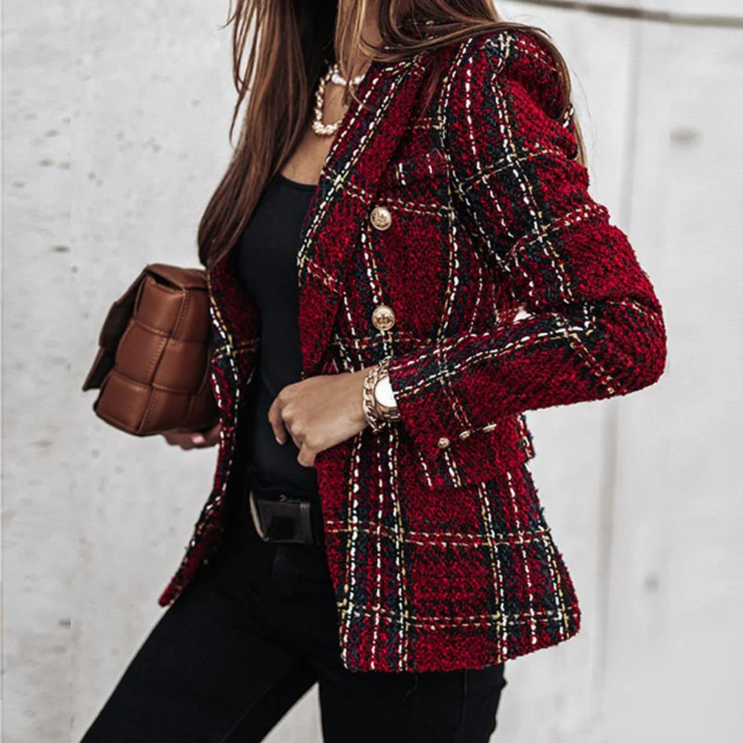 Women's Classic Plaid Blazer – Elegant Lapel Collar & Long-Sleeve Button Design
