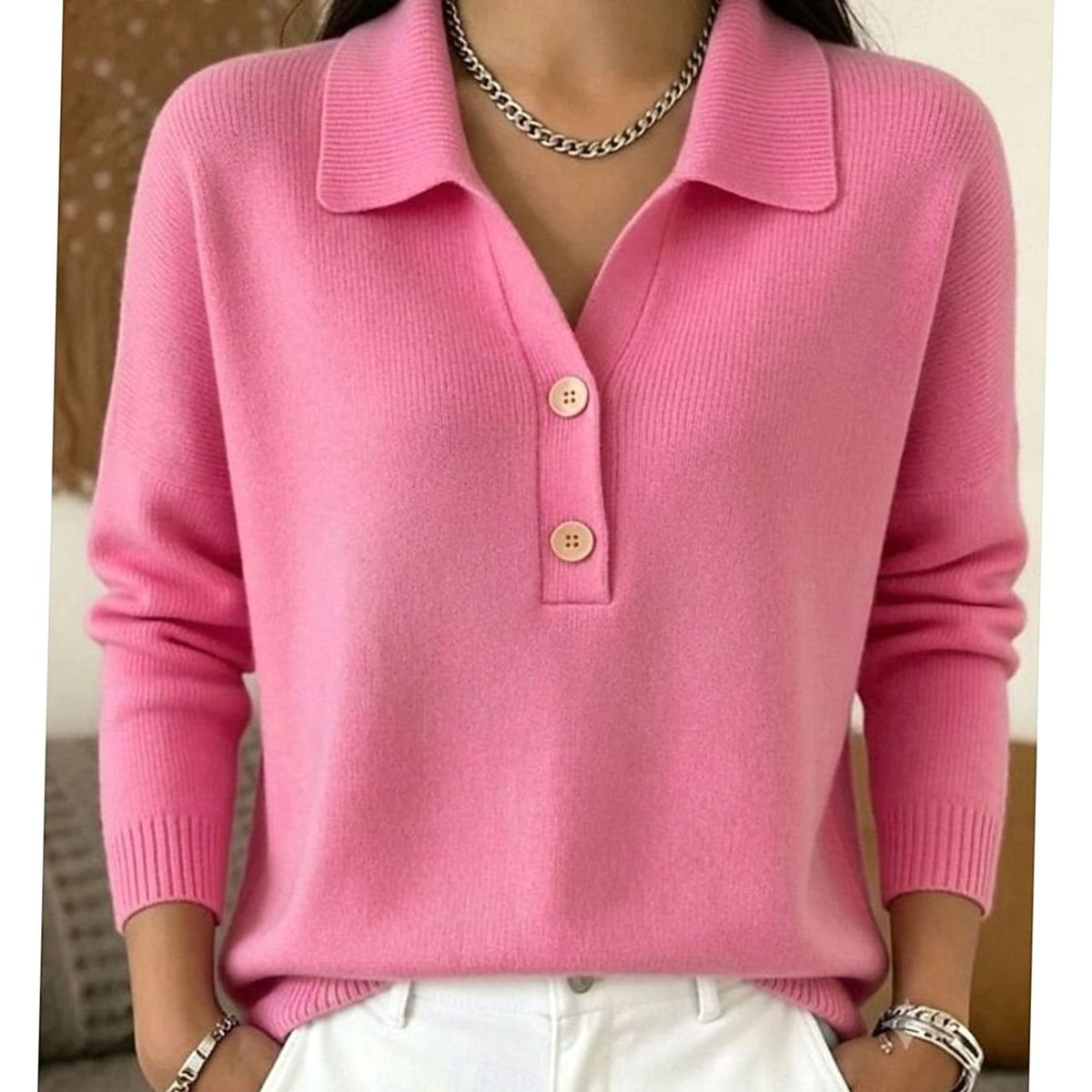 Women's Collared Button-Placket Knit Pullover Sweater