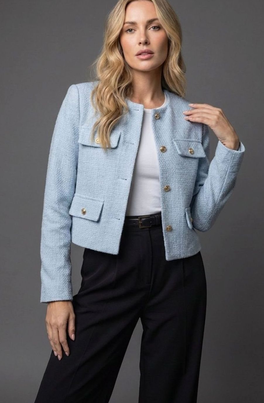 Women's Collarless Cropped Tweed Blazer with Gold Buttons and Flap Pockets