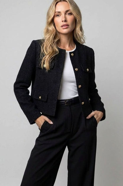 Women's Collarless Cropped Tweed Blazer with Gold Buttons and Flap Pockets
