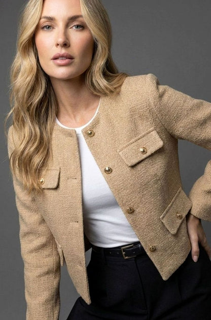 Women's Collarless Cropped Tweed Blazer with Gold Buttons and Flap Pockets