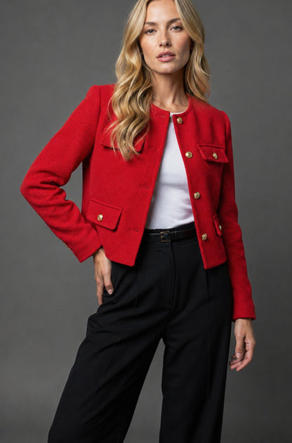 Women's Collarless Cropped Tweed Blazer with Gold Buttons and Flap Pockets