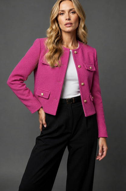 Women's Collarless Cropped Tweed Blazer with Gold Buttons and Flap Pockets