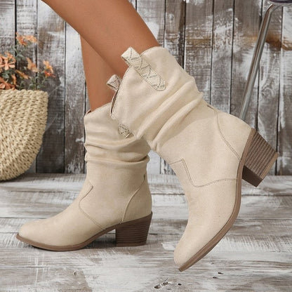 Women's Cowboy Ankle Boots with Mid Block Heel and Slouch Shaft