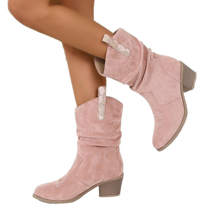 Women's Cowboy Ankle Boots with Mid Block Heel and Slouch Shaft