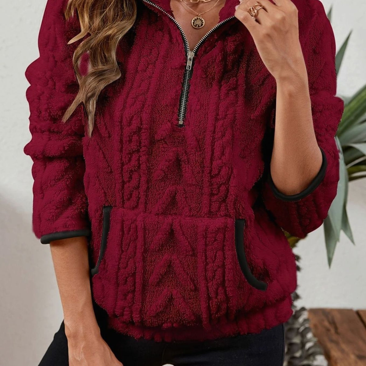 Women's Cozy Fleece Half-Zip Kangaroo Pocket Pullover Sweater