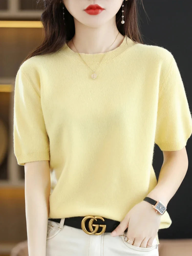 Women's Crew Neck Knitted Merino Wool Blend Sweater