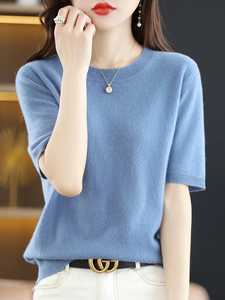 Women's Crew Neck Knitted Merino Wool Blend Sweater