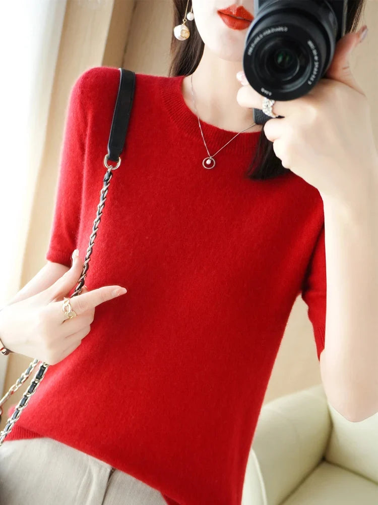 Women's Crew Neck Knitted Merino Wool Blend Sweater