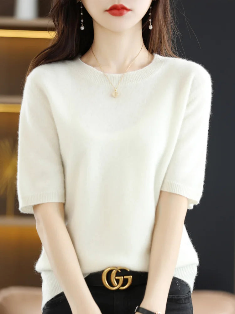 Women's Crew Neck Knitted Merino Wool Blend Sweater