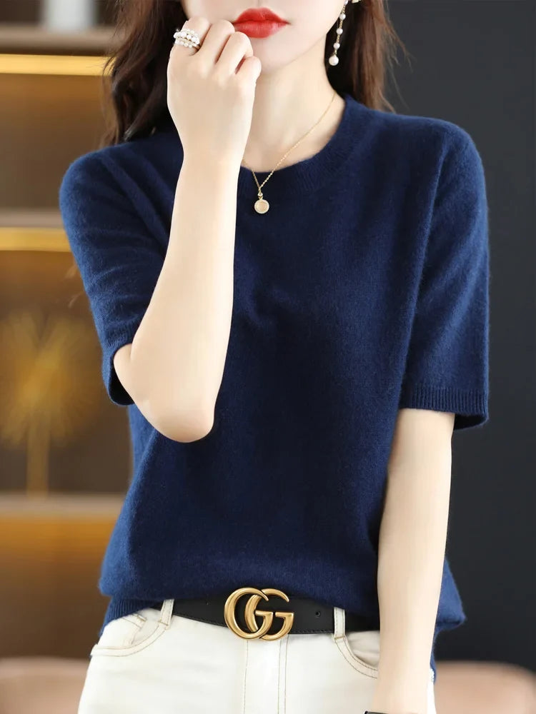 Women's Crew Neck Knitted Merino Wool Blend Sweater