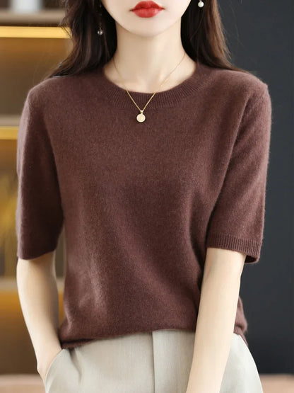 Women's Crew Neck Knitted Merino Wool Blend Sweater