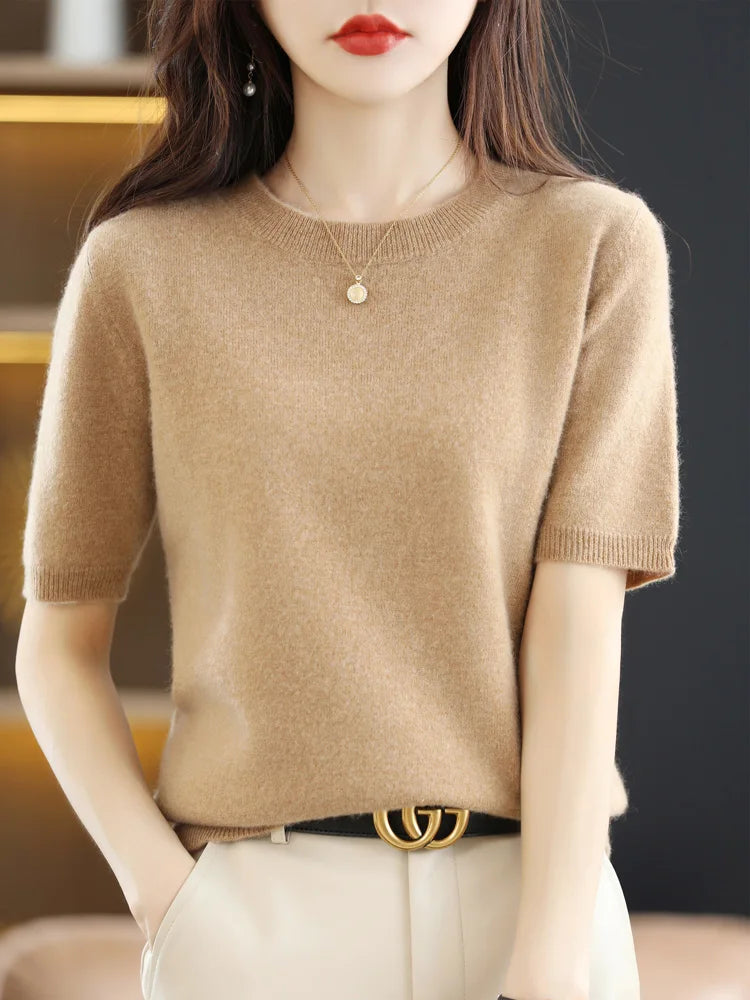 Women's Crew Neck Knitted Merino Wool Blend Sweater