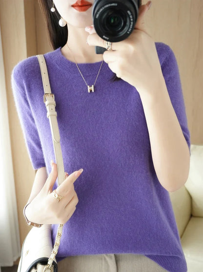Women's Crew Neck Knitted Merino Wool Blend Sweater