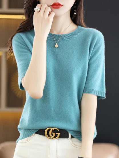 Women's Crew Neck Knitted Merino Wool Blend Sweater