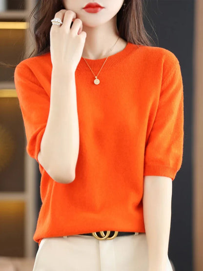 Women's Crew Neck Knitted Merino Wool Blend Sweater