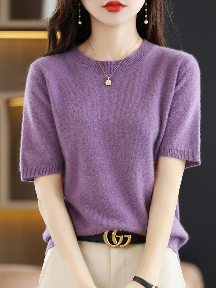 Women's Crew Neck Knitted Merino Wool Blend Sweater
