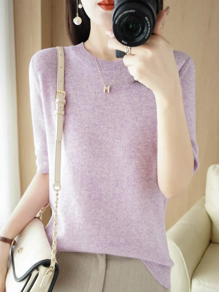 Women's Crew Neck Knitted Merino Wool Blend Sweater