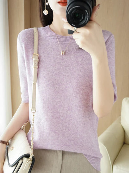 Women's Crew Neck Knitted Merino Wool Blend Sweater