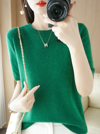 Women's Crew Neck Knitted Merino Wool Blend Sweater