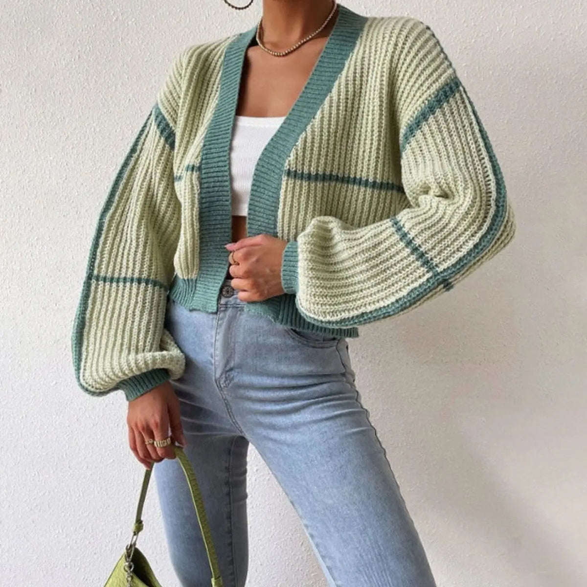 Women's Cropped Chunky Knit Open Front Balloon Sleeve Cardigan
