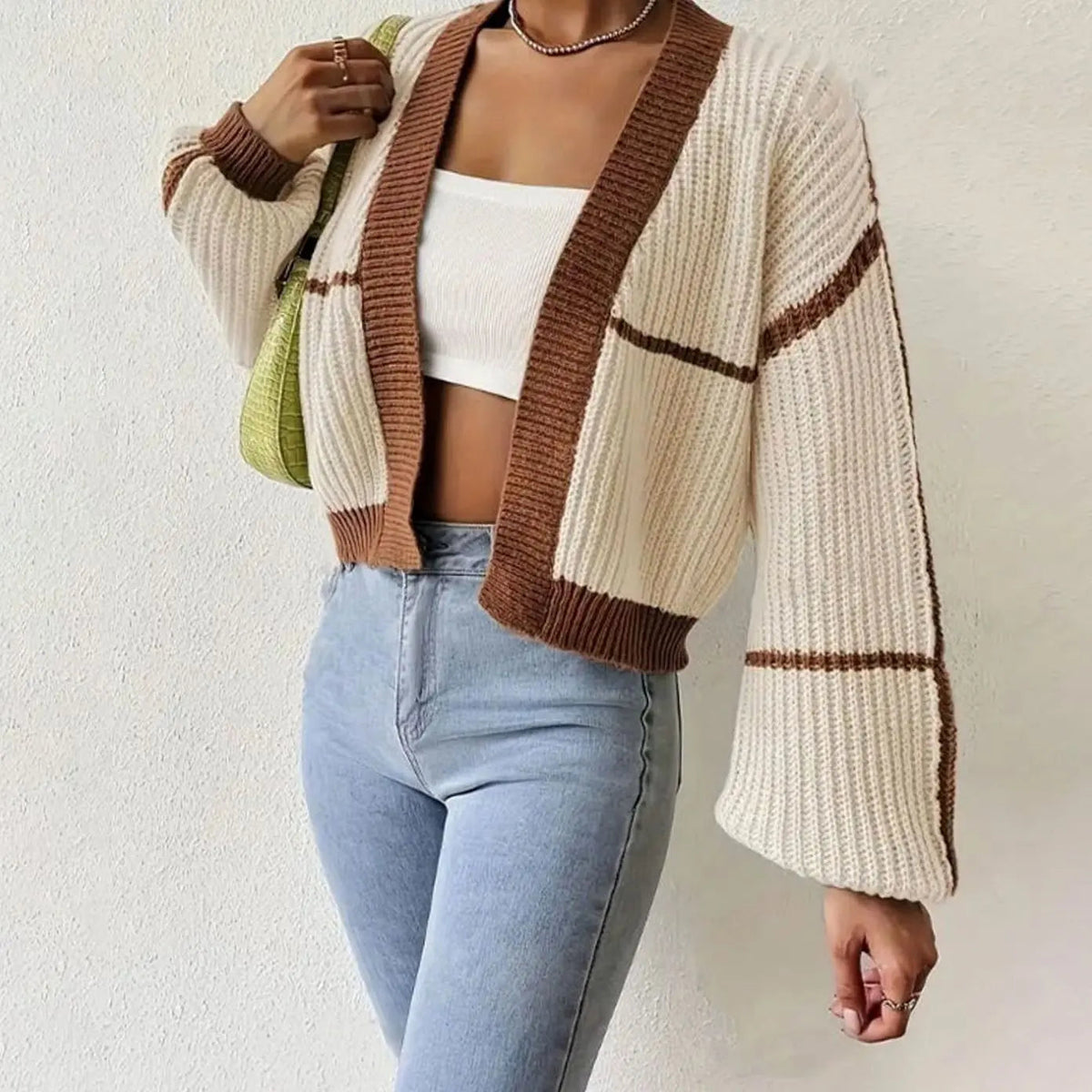 Women's Cropped Chunky Knit Open Front Balloon Sleeve Cardigan
