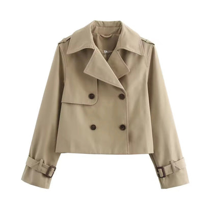 Women's Cropped Double-Breasted Trench Jacket with Buckle Cuffs