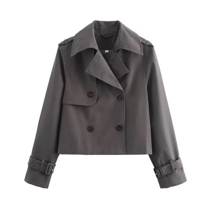 Women's Cropped Double-Breasted Trench Jacket with Buckle Cuffs