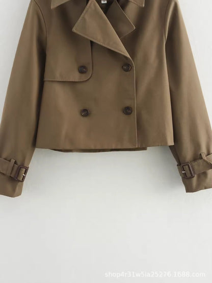 Women's Cropped Double-Breasted Trench Jacket with Buckle Cuffs