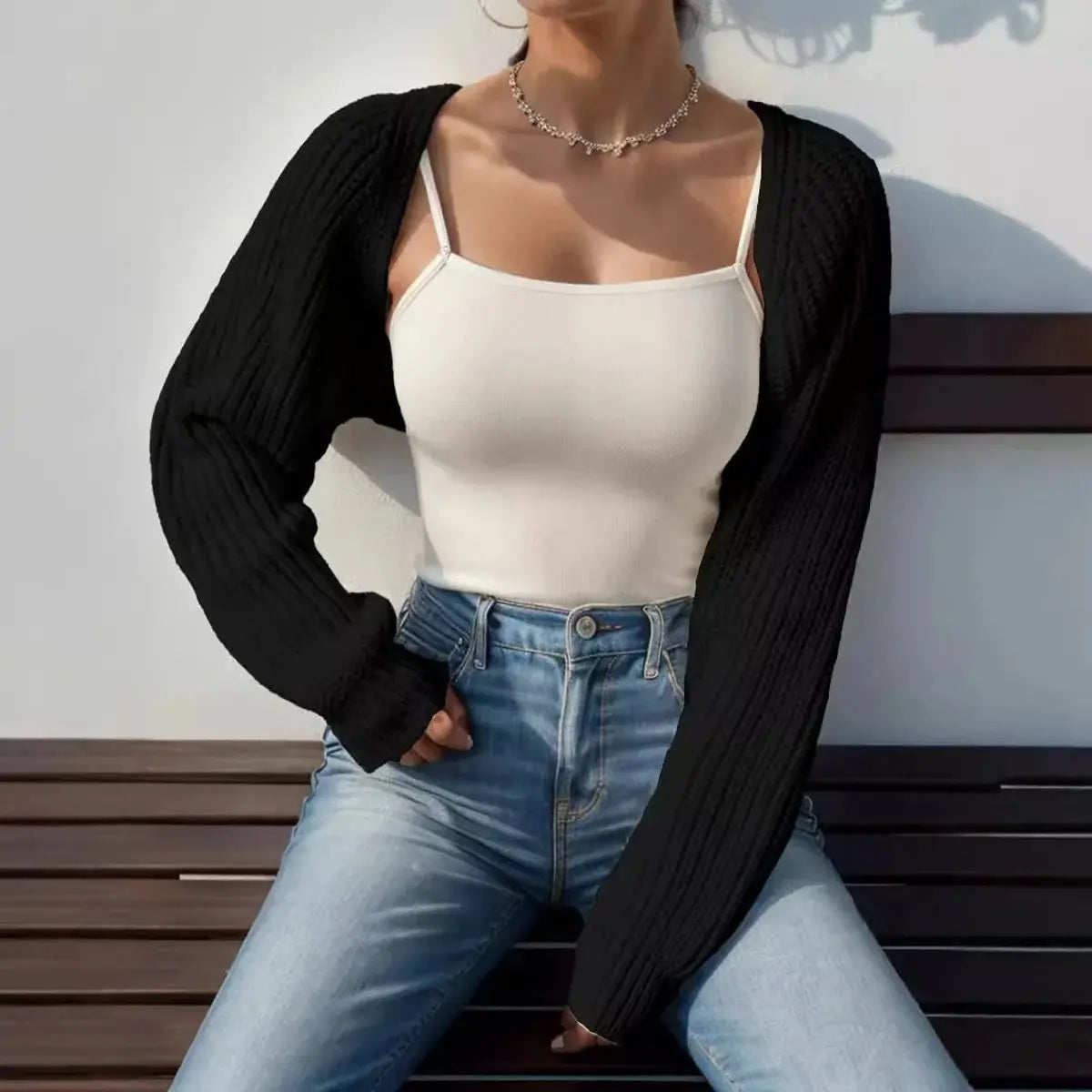 Women's Cropped Open-Front Ribbed Knit Shrug