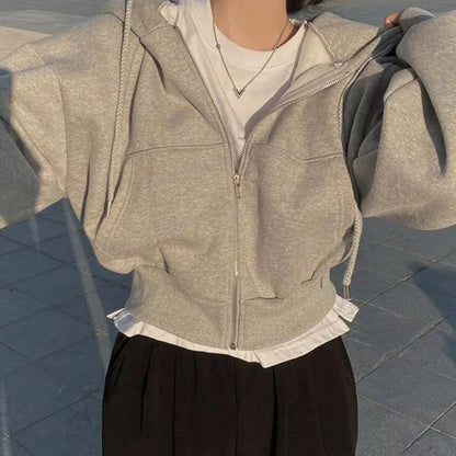Women's Cropped Oversized Zip-Up Fleece Drawstring Hoodie