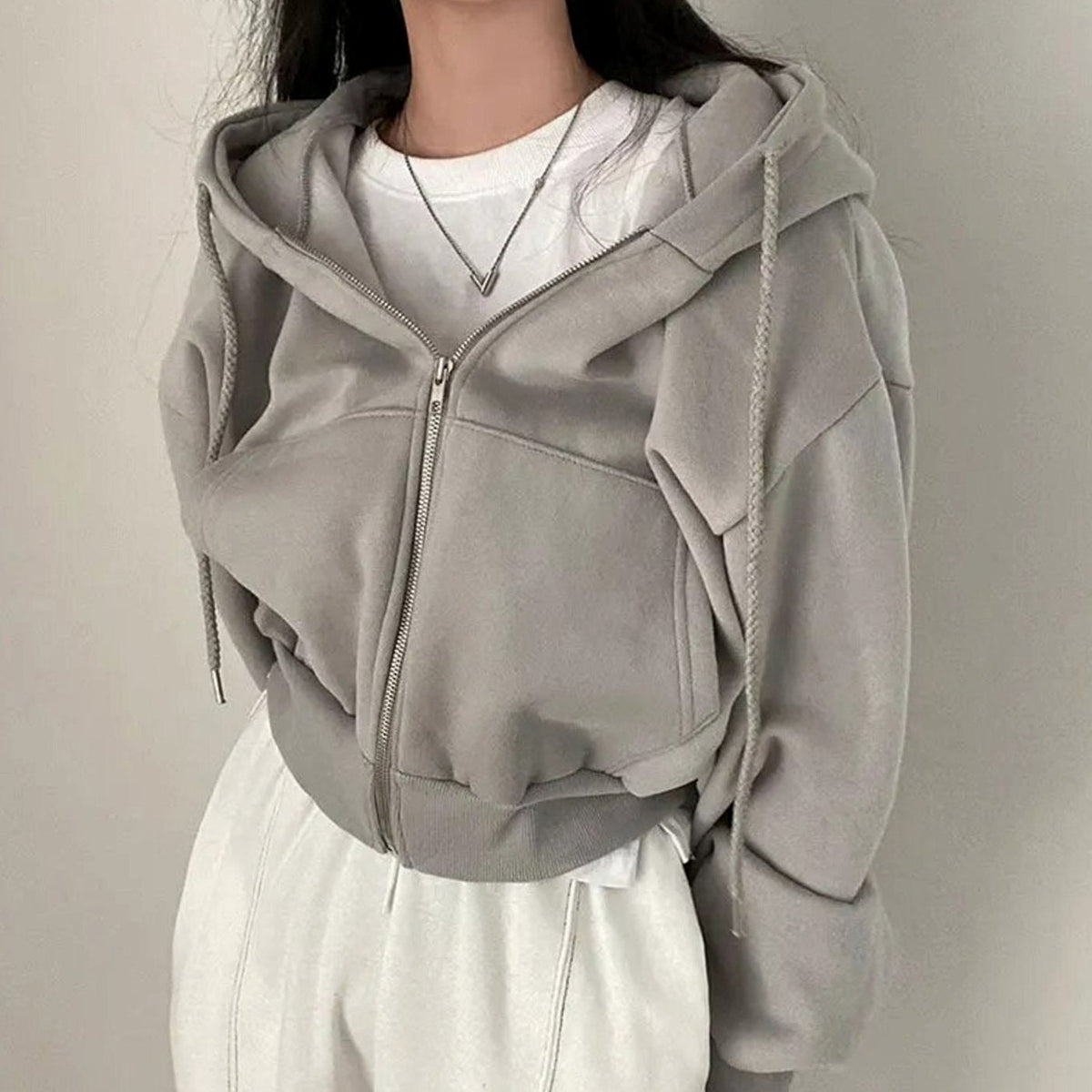 Women's Cropped Oversized Zip-Up Fleece Drawstring Hoodie