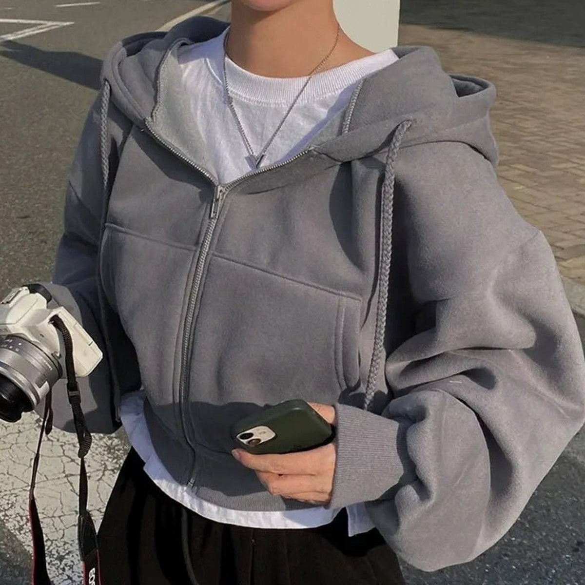 Women's Cropped Oversized Zip-Up Fleece Drawstring Hoodie