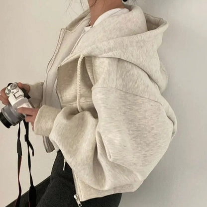 Women's Cropped Oversized Zip-Up Fleece Drawstring Hoodie