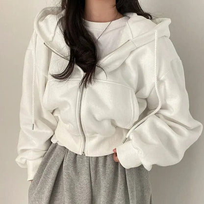 Women's Cropped Oversized Zip-Up Fleece Drawstring Hoodie