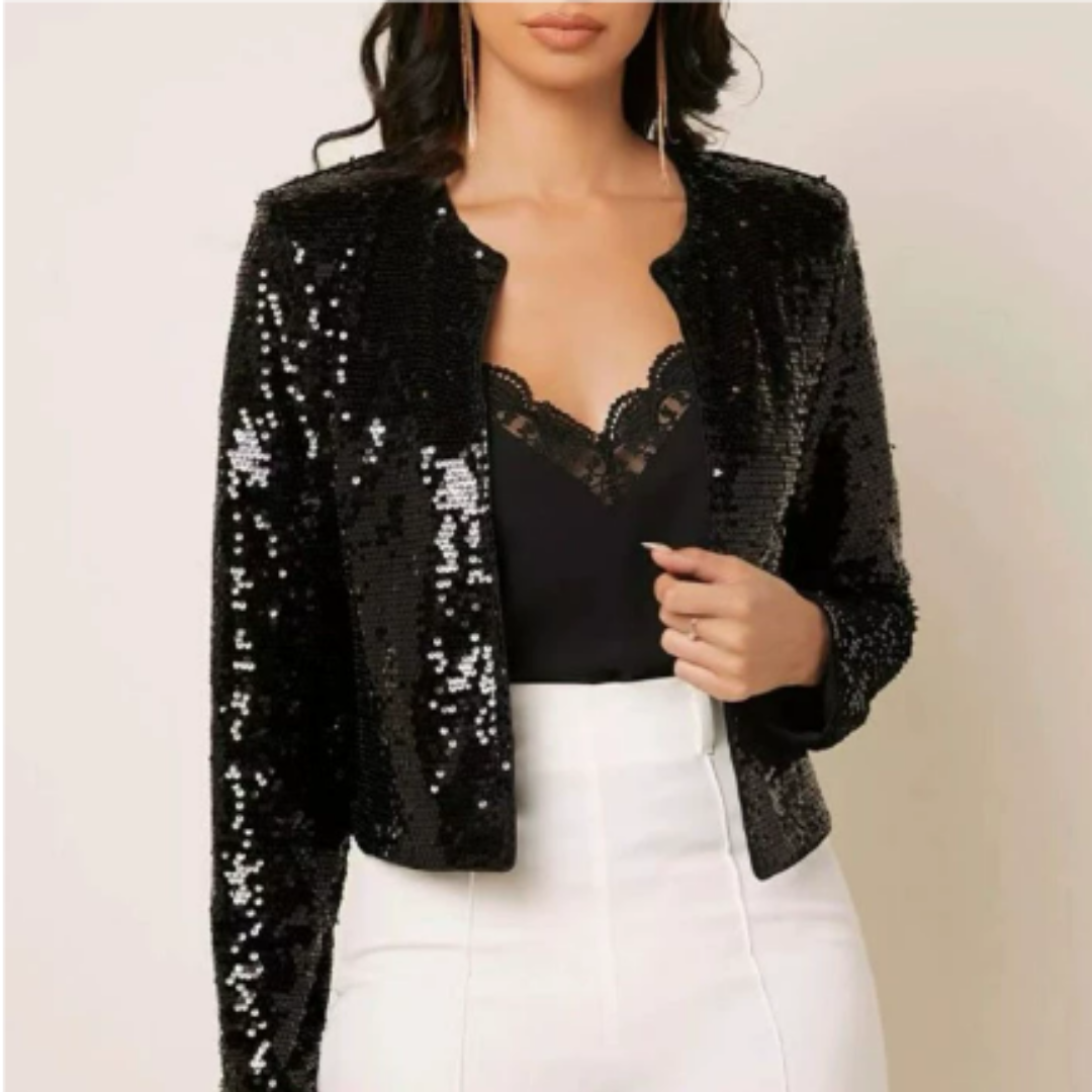 Women's Cropped Sequin Blazer with Zipper