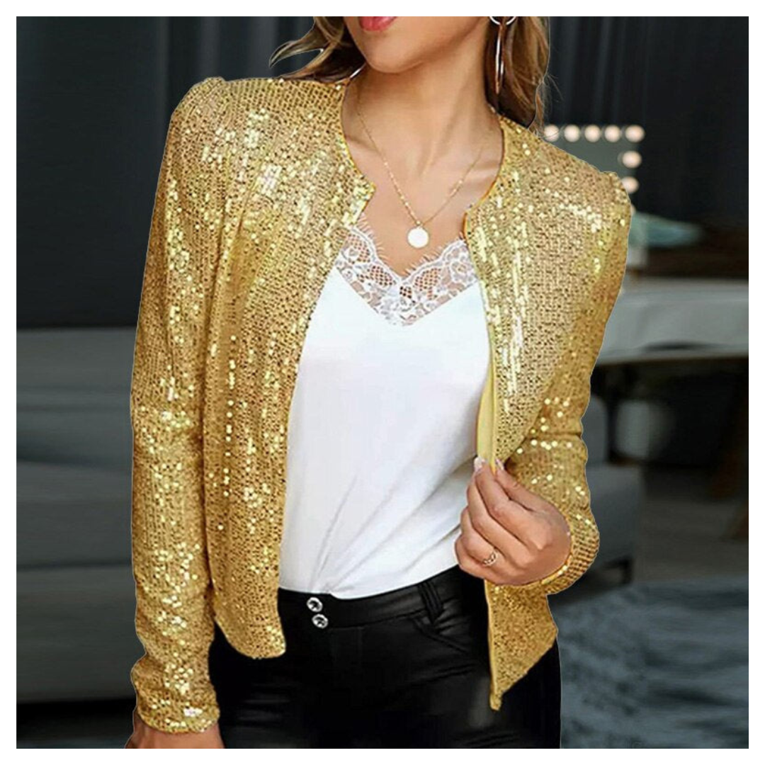 Women's Cropped Sequin Blazer with Zipper