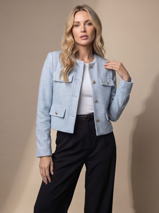 Women's Cropped Tweed Collarless Blazer with Gold Buttons and Flap Pockets