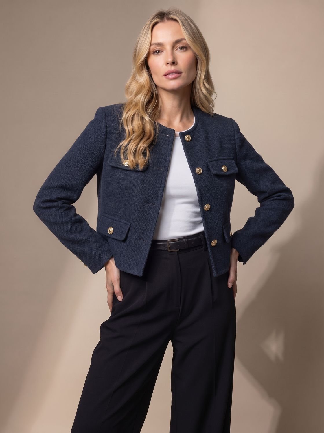 Women's Cropped Tweed Collarless Blazer with Gold Buttons and Flap Pockets
