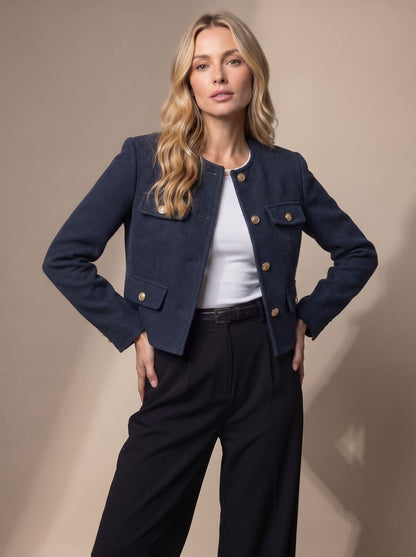 Women's Cropped Tweed Collarless Blazer with Gold Buttons and Flap Pockets