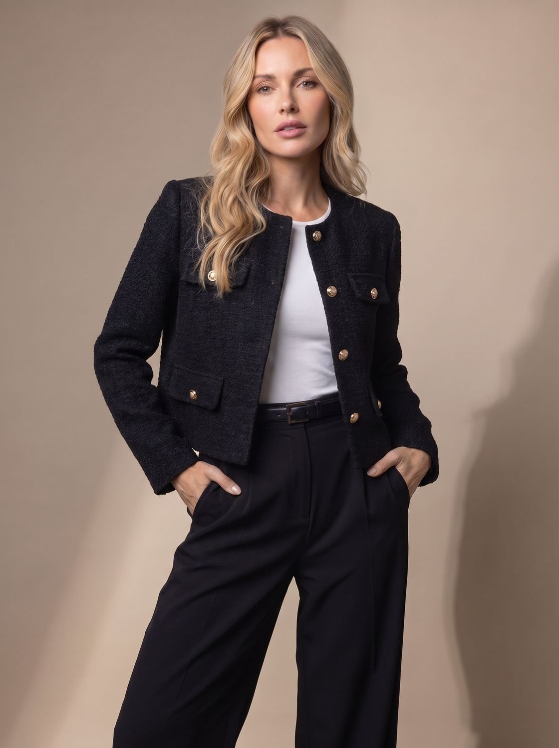Women's Cropped Tweed Collarless Blazer with Gold Buttons and Flap Pockets